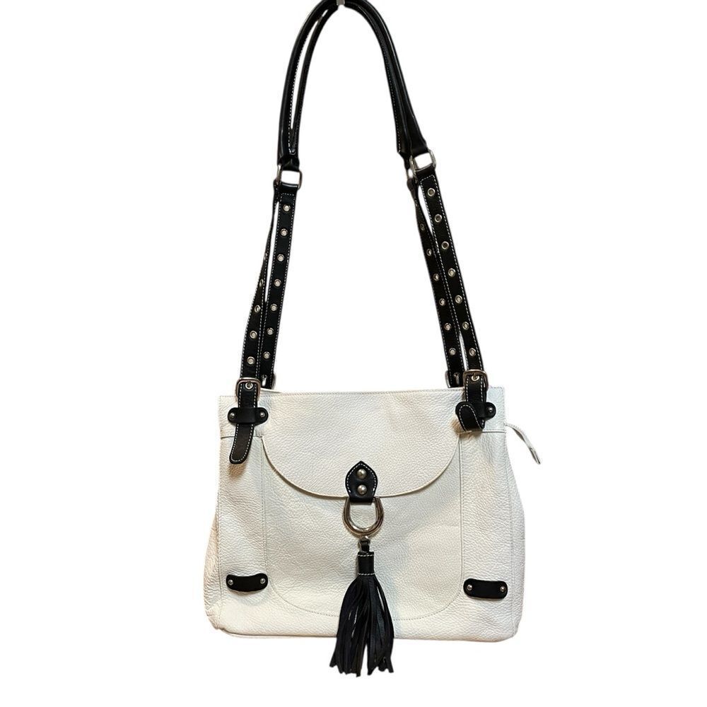 Cavalcanti Soft Leather Italian Shoulder Bag Purse With Black Tassels Off White